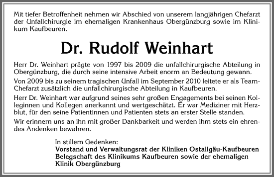 Traueranzeige von Rudolf Weinhart von Allgäuer Zeitung, Kaufbeuren/Buchloe