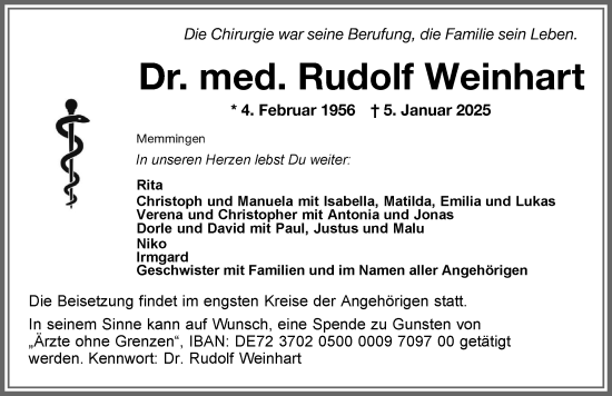 Traueranzeige von Rudolf Weinhart von Allgäuer Zeitung, Marktoberdorf