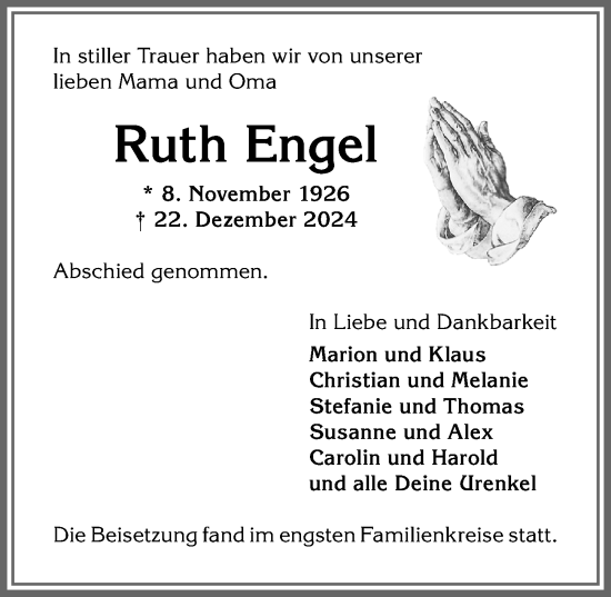 Traueranzeige von Ruth Engel von Allgäuer Anzeigeblatt