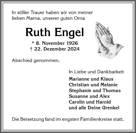 Traueranzeige von Ruth Engel von Allgäuer Anzeigeblatt