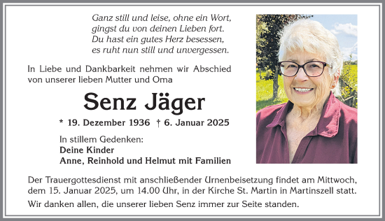Traueranzeige von Senz Jäger von Allgäuer Anzeigeblatt