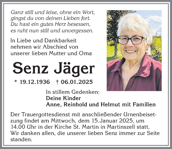 Traueranzeige von Senz Jäger von Allgäuer Zeitung,Kempten