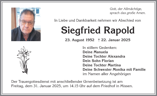 Traueranzeige von Siegfried Rapold von Allgäuer Anzeigeblatt