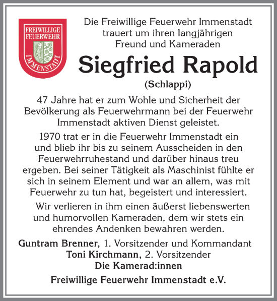Traueranzeige von Siegfried Rapold von Allgäuer Anzeigeblatt