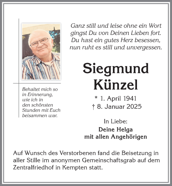 Traueranzeige von Siegmund Künzel von Allgäuer Zeitung,Kempten