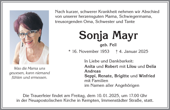Traueranzeige von Sonja Mayr von Allgäuer Zeitung,Kempten