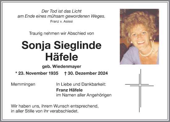 Traueranzeige von Sonja Sieglinde Häfele von Memminger Zeitung
