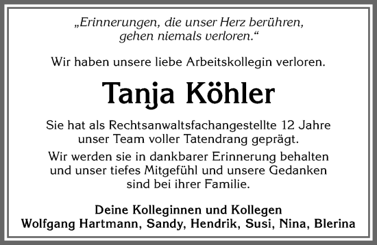Traueranzeige von Tanja Köhler von Allgäuer Zeitung, Marktoberdorf