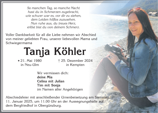 Traueranzeige von Tanja Köhler von Allgäuer Zeitung, Marktoberdorf