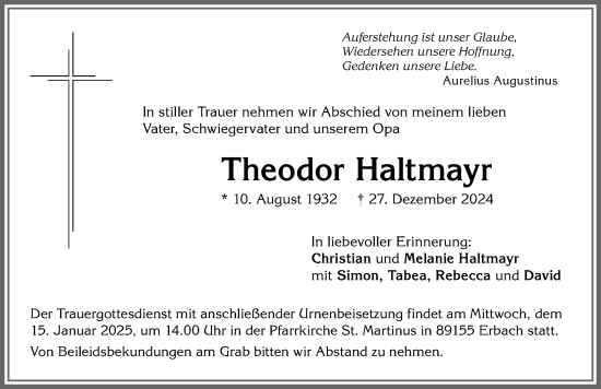 Traueranzeige von Theodor Haltmayr von Allgäuer Anzeigeblatt