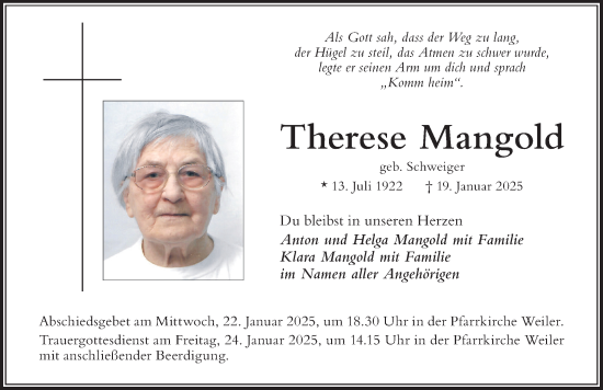 Traueranzeige von Therese Mangold von Der Westallgäuer