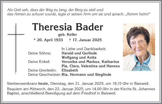 Traueranzeige von Theresia Bader von Allgäuer Zeitung, Kaufbeuren/Buchloe