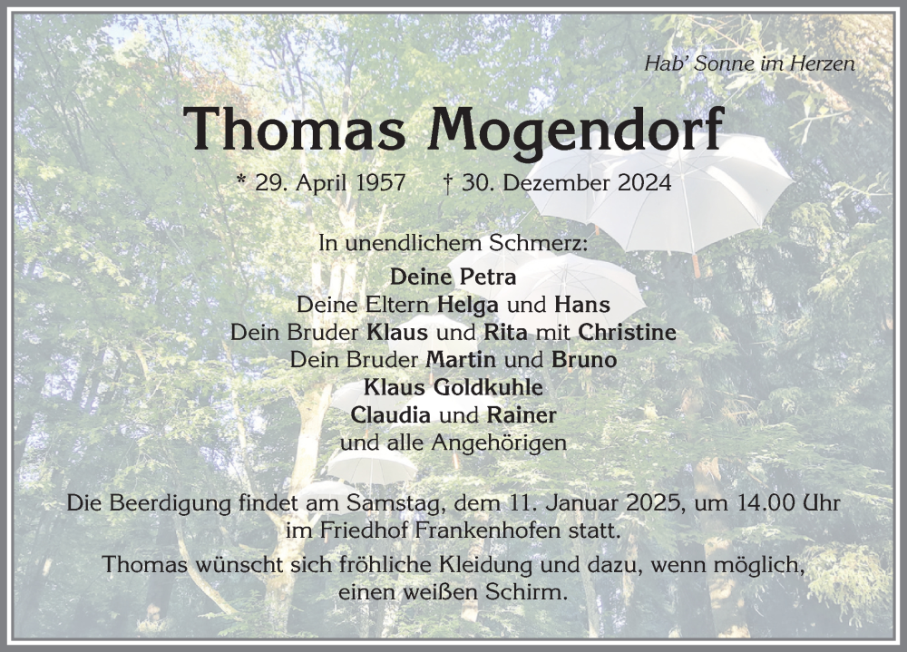  Traueranzeige für Thomas Mogendorf vom 07.01.2025 aus Allgäuer Zeitung, Kaufbeuren/Buchloe