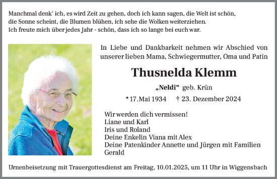 Traueranzeige von Thusnelda Klemm von Allgäuer Zeitung,Kempten