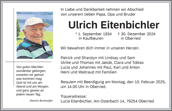 Traueranzeige von Ulrich Eitenbichler von Allgäuer Zeitung, Kaufbeuren/Buchloe