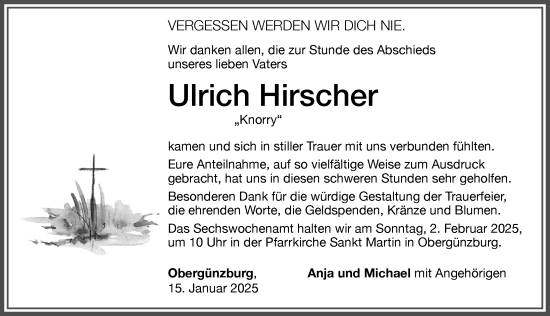 Traueranzeige von Ulrich Hirscher von Allgäuer Zeitung, Marktoberdorf