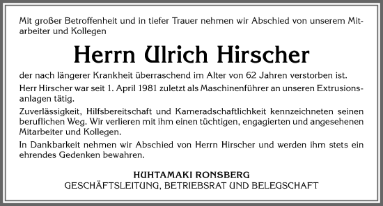 Traueranzeige von Ulrich Hirscher von Allgäuer Zeitung, Marktoberdorf