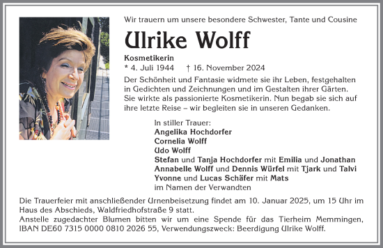 Traueranzeige von Ulrike Wolff von Memminger Zeitung