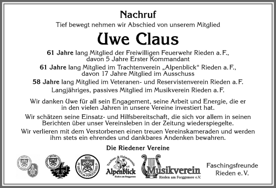 Traueranzeige von Uwe  Claus von Allgäuer Zeitung, Füssen