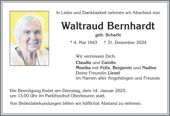 Traueranzeige von Waltraud Bernhardt von Memminger Zeitung