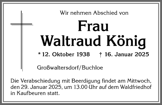 Traueranzeige von Waltraud König von Allgäuer Zeitung, Kaufbeuren/Buchloe