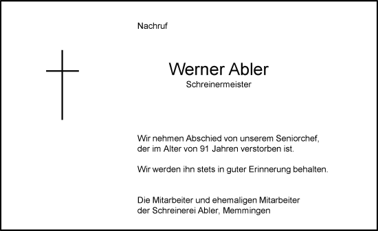 Traueranzeige von Werner Abler von Memminger Zeitung