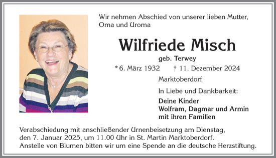 Traueranzeige von Wilfriede Misch von Allgäuer Zeitung, Marktoberdorf