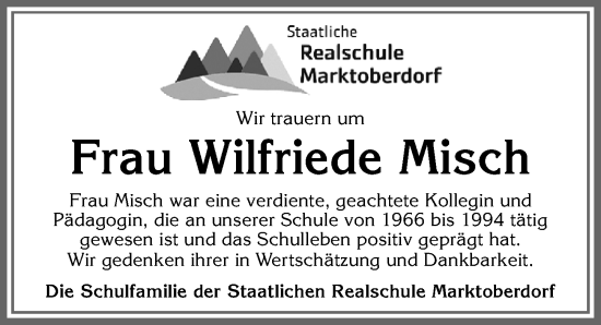 Traueranzeige von Wilfriede Misch von Allgäuer Zeitung, Marktoberdorf