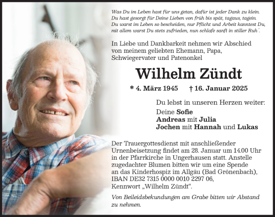 Traueranzeige von Wilhelm Zündt von Augsburger Allgemeine, Mindelheimer Zeitung