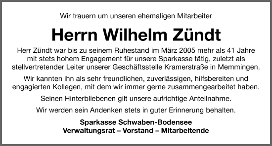 Traueranzeige von Wilhelm Zündt von Mindelheimer Zeitung, Augsburger Allgemeine