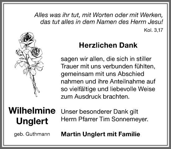 Traueranzeige von Wilhelmine Unglert von Allgäuer Zeitung,Kempten