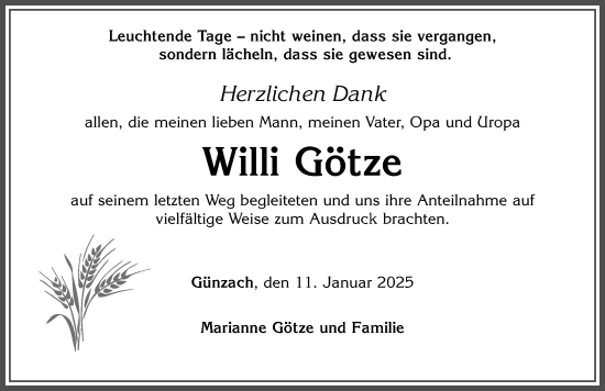 Traueranzeige von Willi Götze von Allgäuer Zeitung, Marktoberdorf