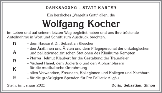 Traueranzeige von Wolfgang Kocher von Allgäuer Anzeigeblatt