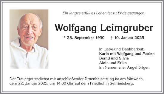 Traueranzeige von Wolfgang Leimgruber von Allgäuer Anzeigeblatt