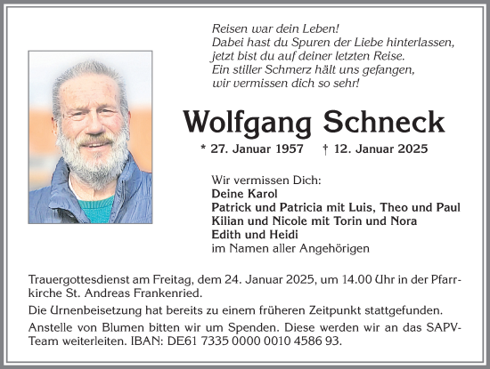 Traueranzeige von Wolfgang Schneck von Allgäuer Zeitung, Kaufbeuren/Buchloe