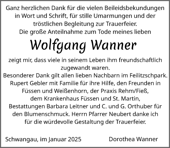 Traueranzeige von Wolfgang Wanner von Allgäuer Zeitung, Füssen