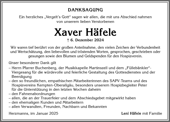 Traueranzeige von Xaver Häfele von Allgäuer Anzeigeblatt