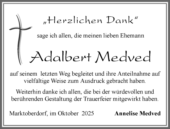 Traueranzeige von Adalbert Medved von Allgäuer Zeitung, Marktoberdorf