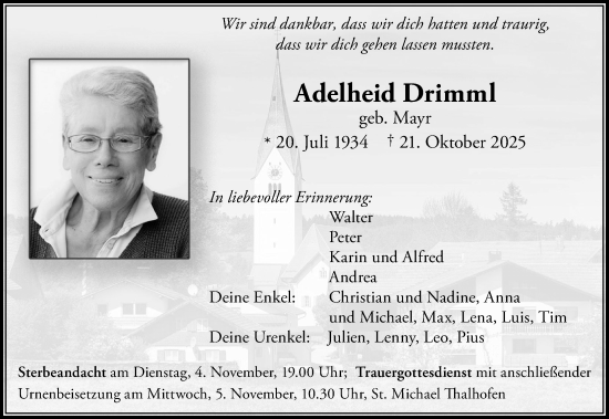Traueranzeige von Adelheid Drimml von Allgäuer Zeitung, Marktoberdorf