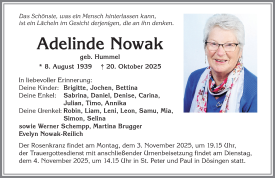 Traueranzeige von Adelinde Nowak von Allgäuer Zeitung, Kaufbeuren/Buchloe