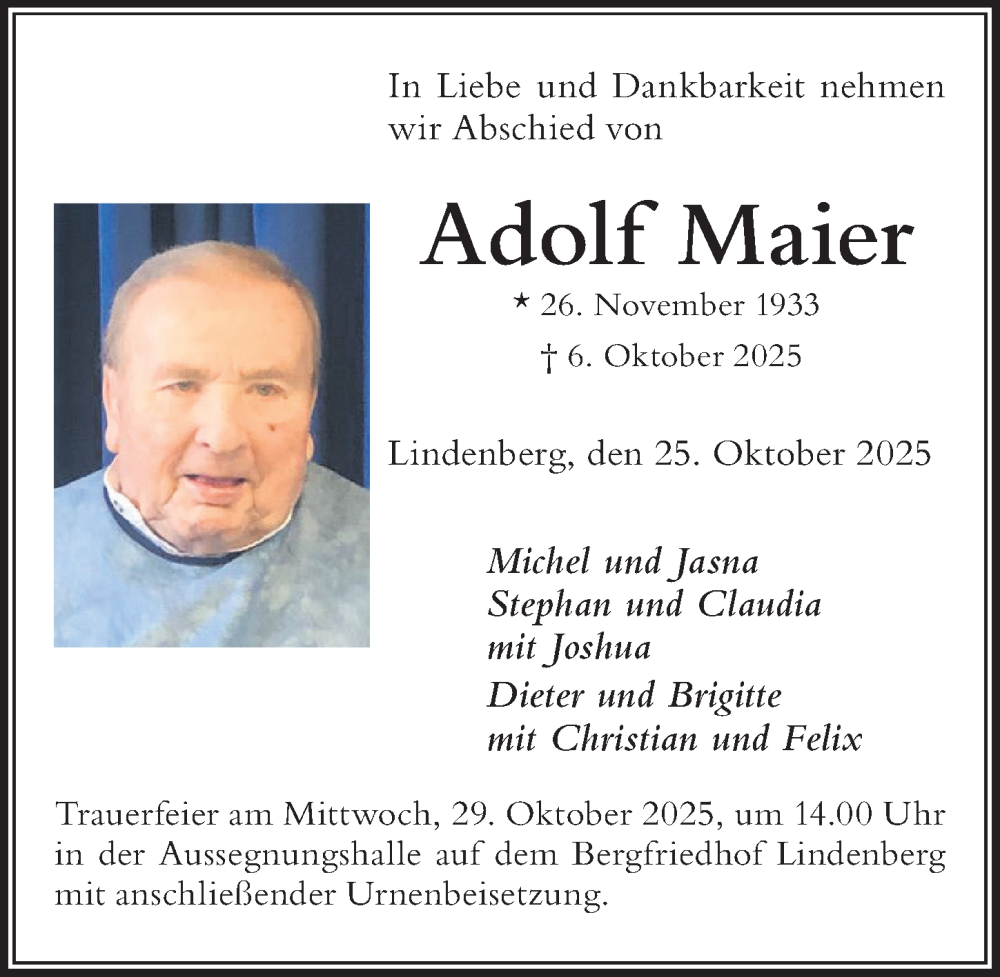  Traueranzeige für Adolf Maier vom 25.10.2025 aus Der Westallgäuer