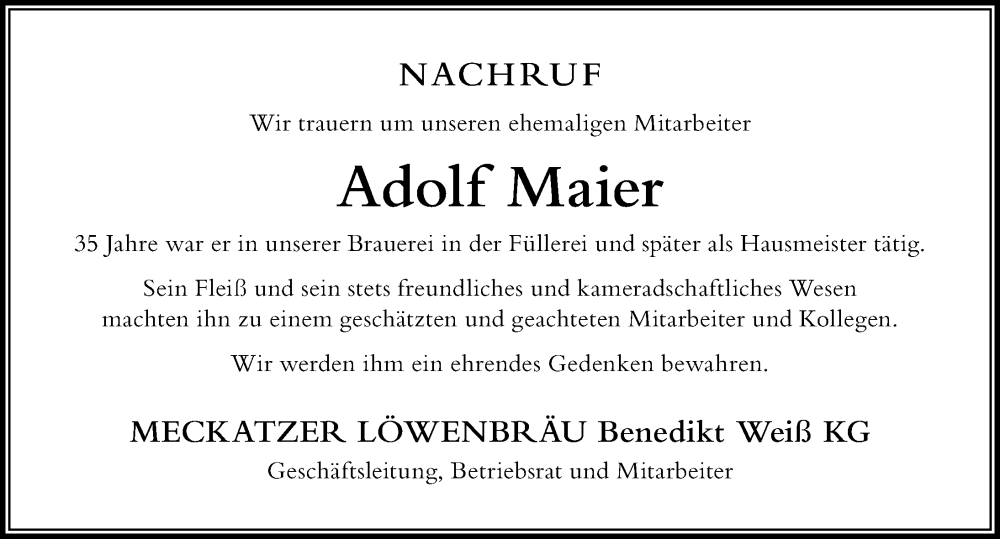  Traueranzeige für Adolf Maier vom 28.10.2025 aus Der Westallgäuer