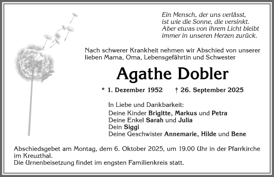 Traueranzeige von Agathe Dobler von Allgäuer Zeitung,Kempten