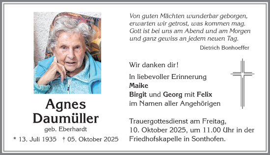 Traueranzeige von Agnes Daumüller von Allgäuer Anzeigeblatt