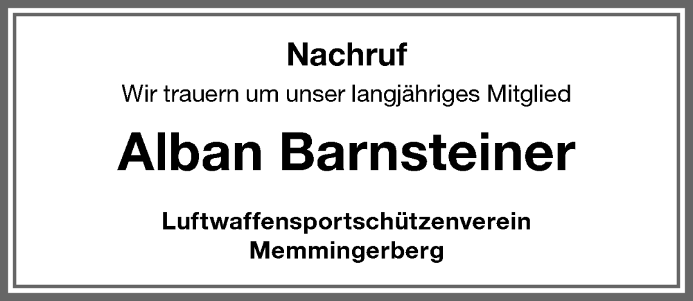  Traueranzeige für Alban Barnsteiner vom 23.10.2025 aus Memminger Zeitung