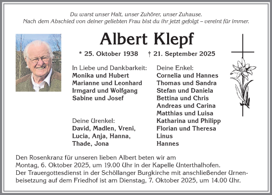 Traueranzeige von Albert Klepf von Allgäuer Anzeigeblatt