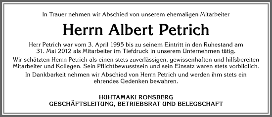 Traueranzeige von Albert Petrich von Allgäuer Zeitung, Marktoberdorf
