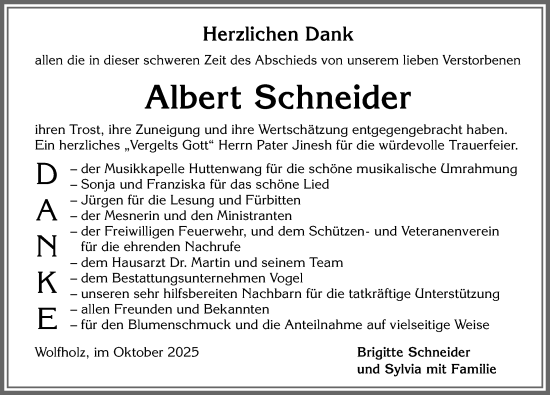 Traueranzeige von Albert Schneider von Allgäuer Zeitung, Marktoberdorf
