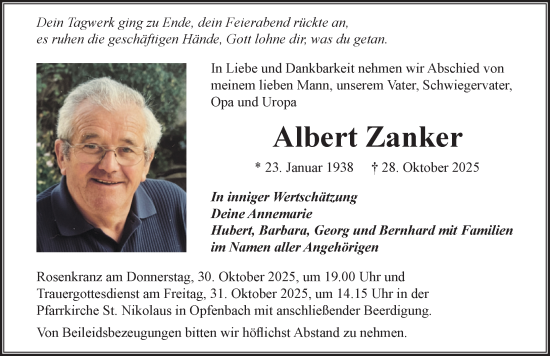 Traueranzeige von Albert Zanker von Der Westallgäuer