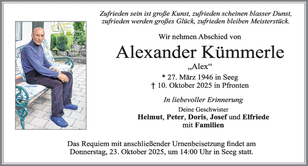  Traueranzeige für Alexander Kümmerle vom 18.10.2025 aus Allgäuer Zeitung, Füssen
